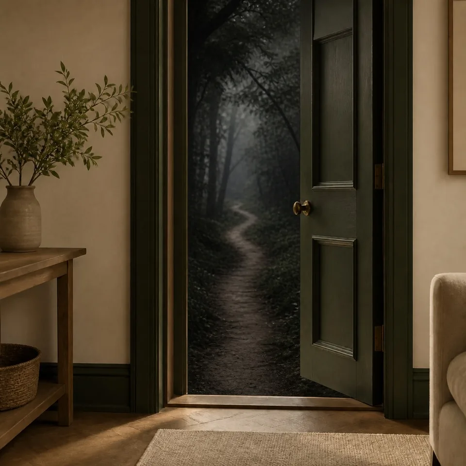 A half-open door onto a dark winding path, representing fear and avoidance