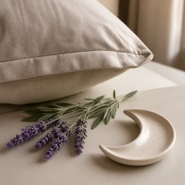A pillow, lavender and moon representing sleep and recovery