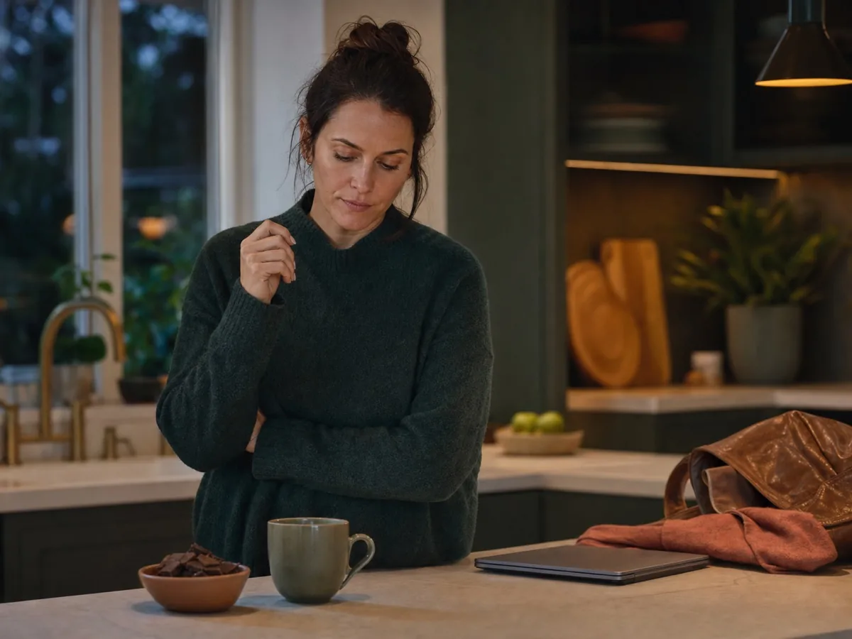 A person pausing before food after a stressful day