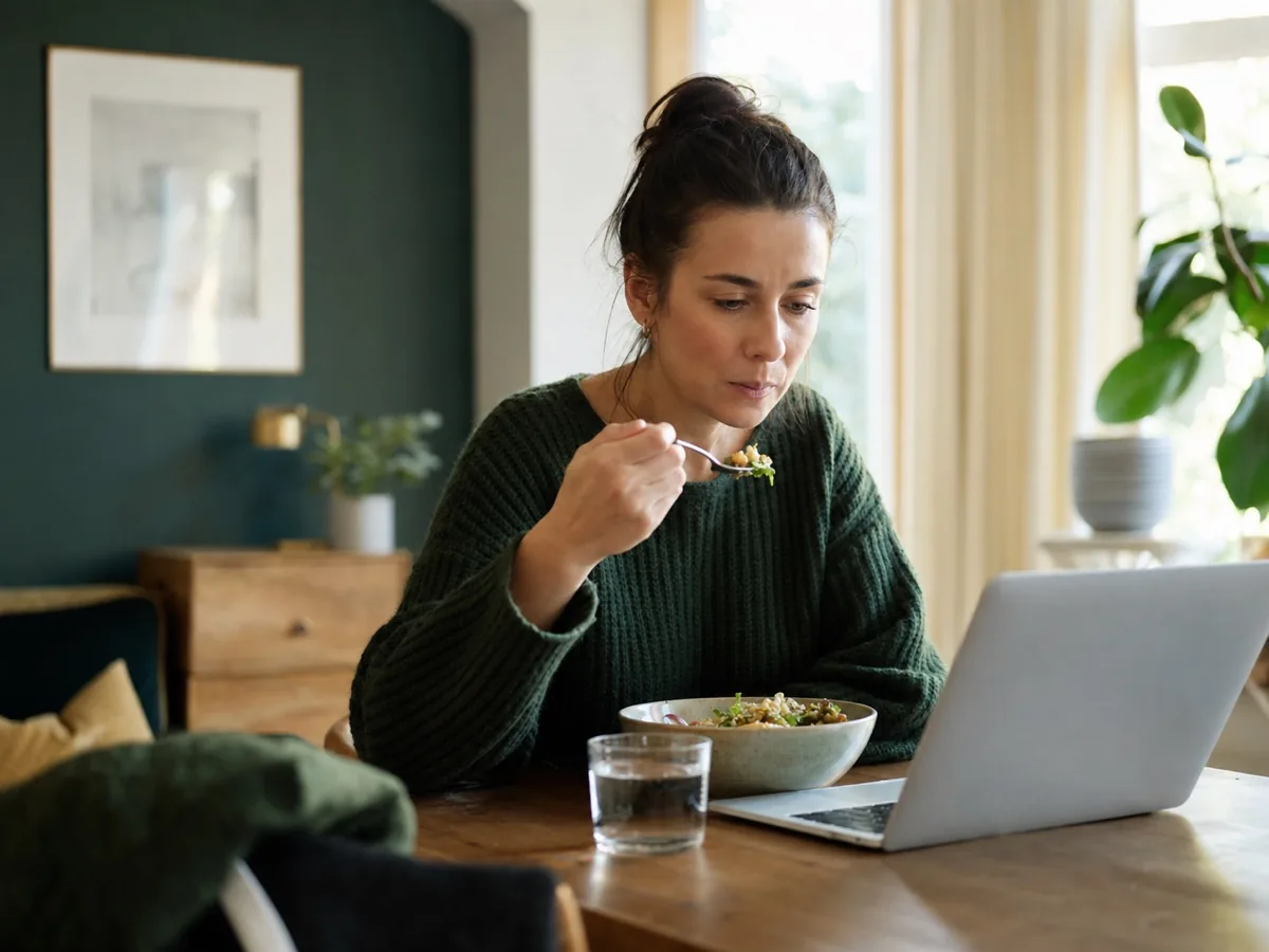 Eating in front of a computer, illustrating distracted automatic eating