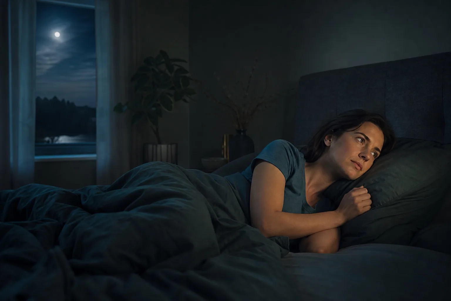 A person awake in a quiet bedroom, illustrating waking during the night