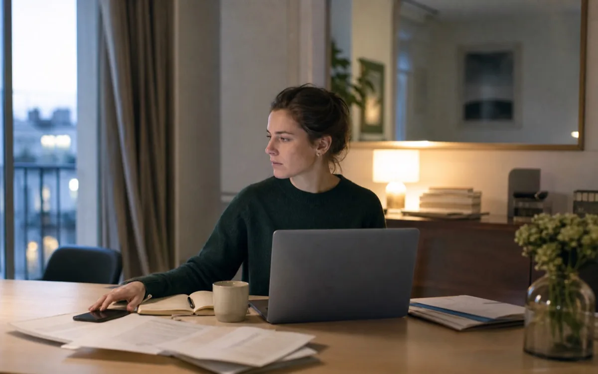 A woman pulled between work and daily tasks, illustrating a constant state of alert