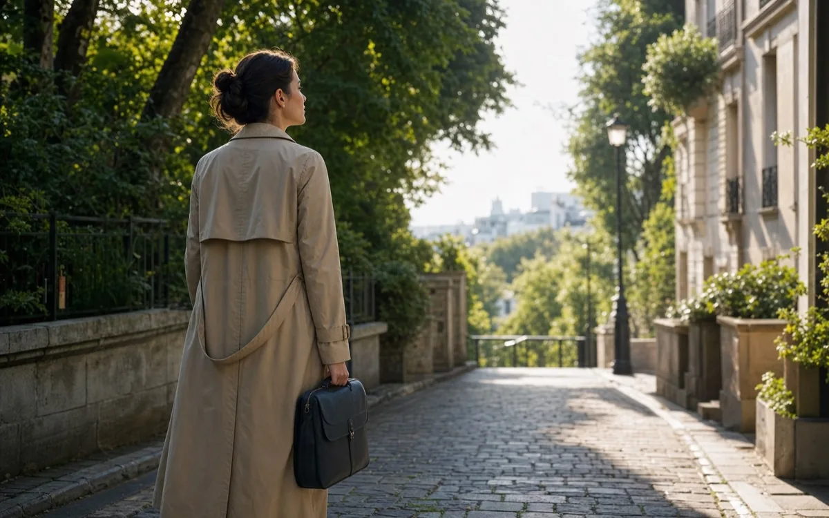A woman pausing on a bright path, illustrating a return to her own priorities