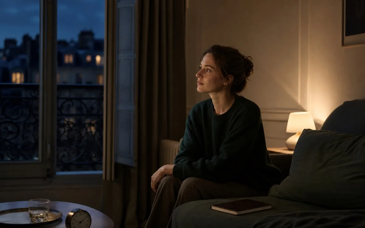 A woman awake in the evening, illustrating thoughts that continue after the day is over