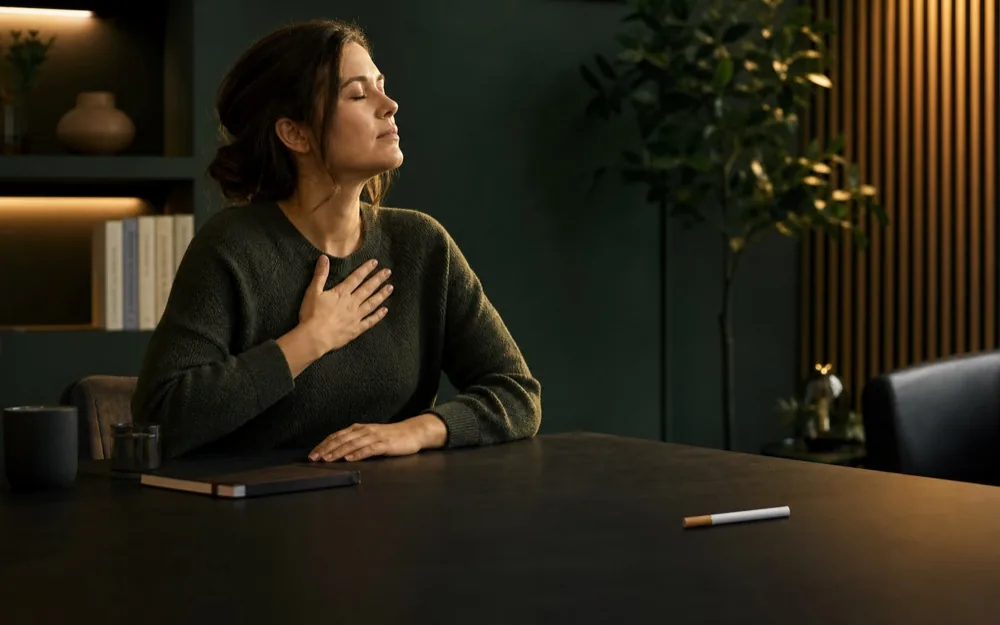 A person breathing calmly while an unlit cigarette remains at a distance