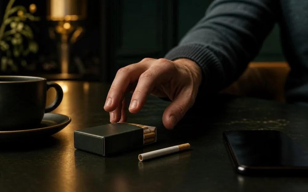 A hand automatically reaching for a pack of cigarettes beside coffee and a phone