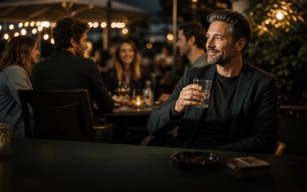 A relaxed evening social setting without a cigarette