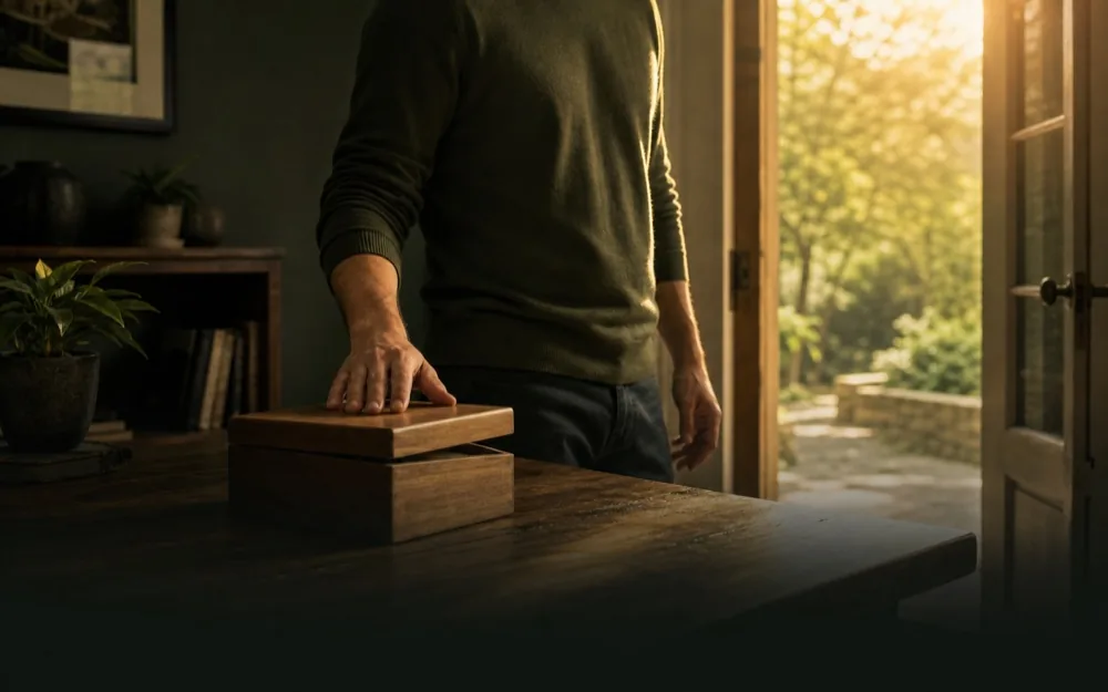 A person closing a box near an open door, symbolizing a settled decision