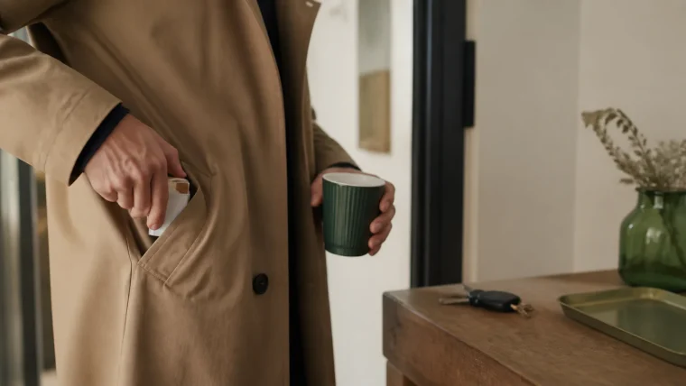 A hand in a pocket while a cigarette and coffee illustrate an automatic smoking routine