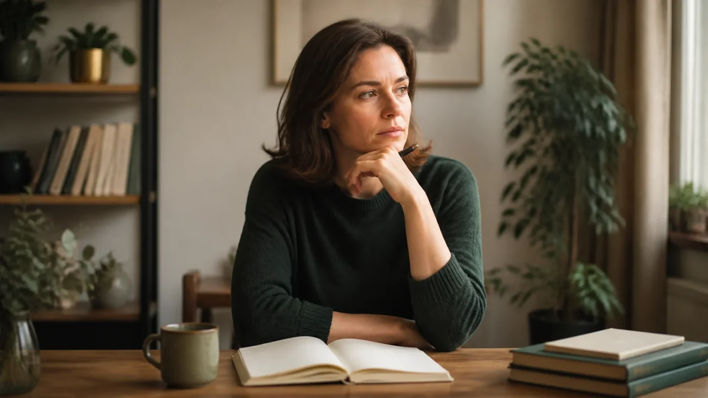 A thoughtful woman at a table with an open notebook, taking distance from looping thoughts