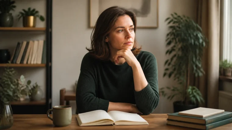 A thoughtful woman at a table with an open notebook, taking distance from looping thoughts