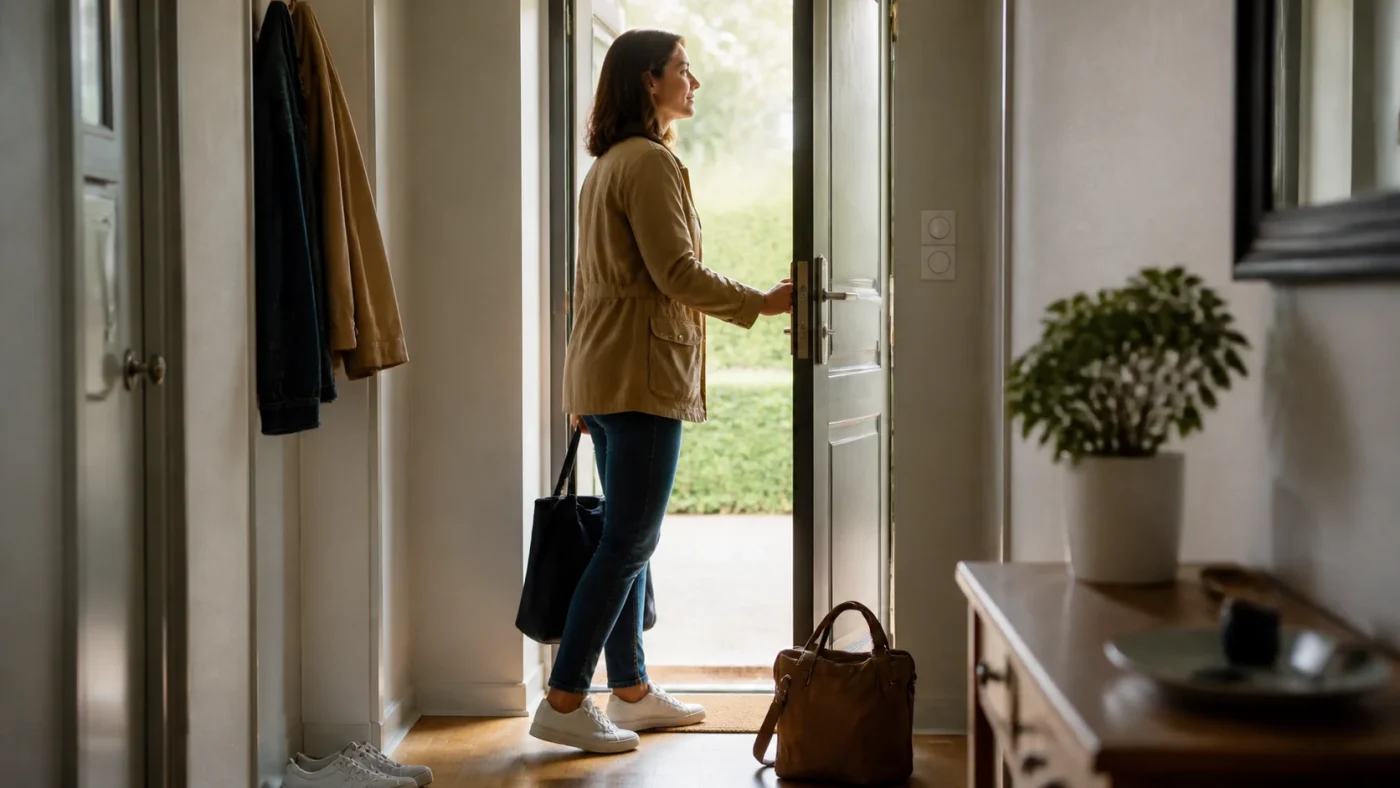 A woman opens the door of her home, ready to step outside and take action.