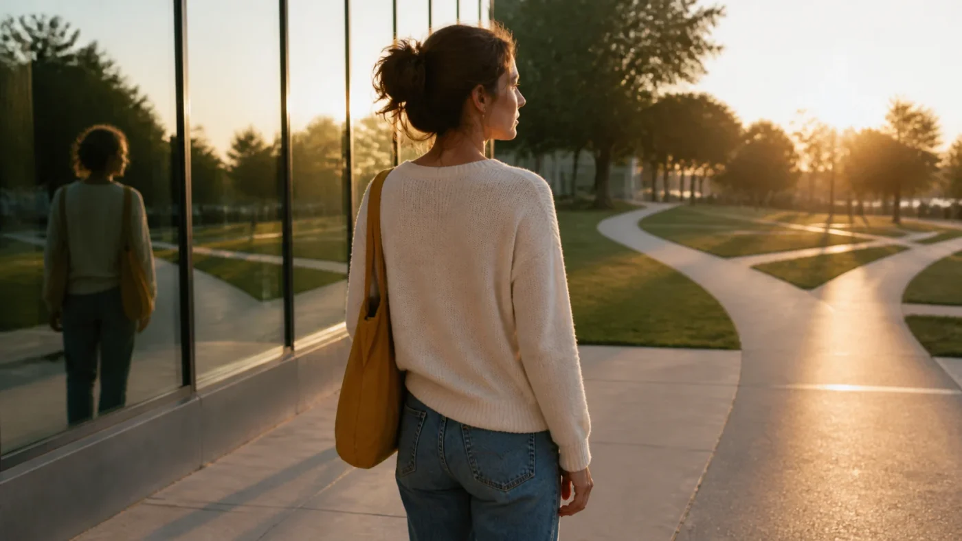 A woman walking alone at sunset while moving through a breakup
