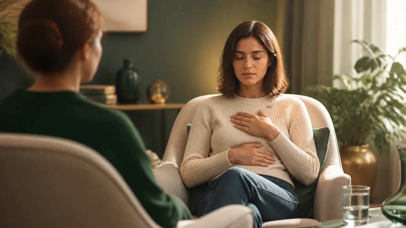 A woman seated calmly during a hypnosis session focused on anxiety
