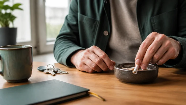 A person putting out a final cigarette in an ashtray