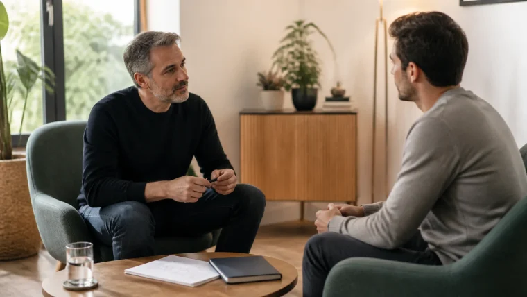Two people speaking face to face in a calm setting about self-confidence