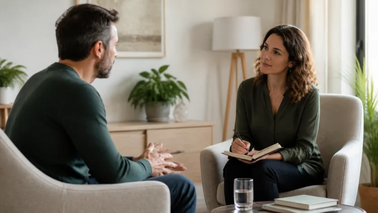 A professional listening and taking notes during a confidential conversation