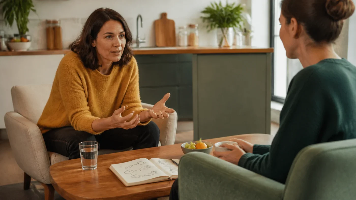Two women discussing eating habits in a calm, supportive setting