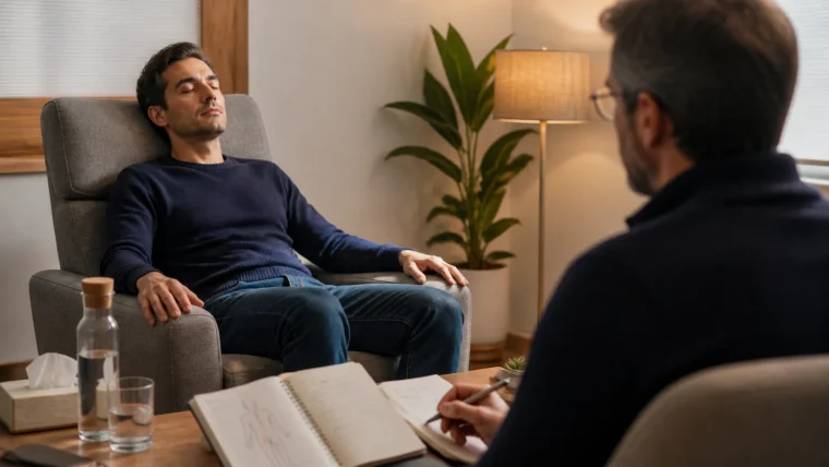 A hypnosis session with a client seated comfortably with their eyes closed