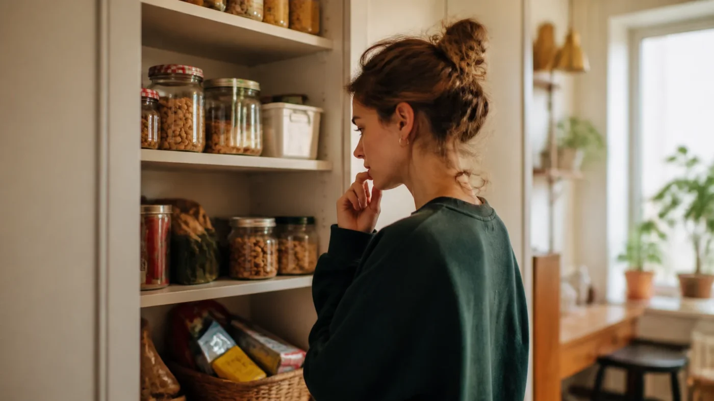 A woman pausing in front of an open cupboard before eating without hunger