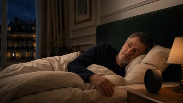 A quiet bedroom illustrating the shift from trying to sleep toward letting sleep return