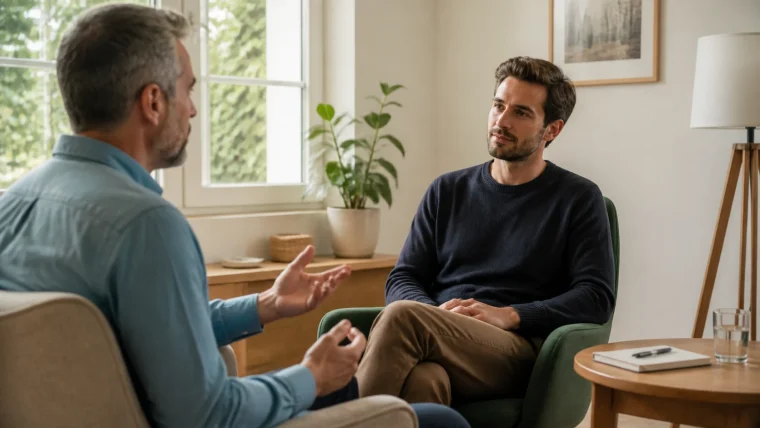 Two people discussing what hypnosis feels like in a comfortable room