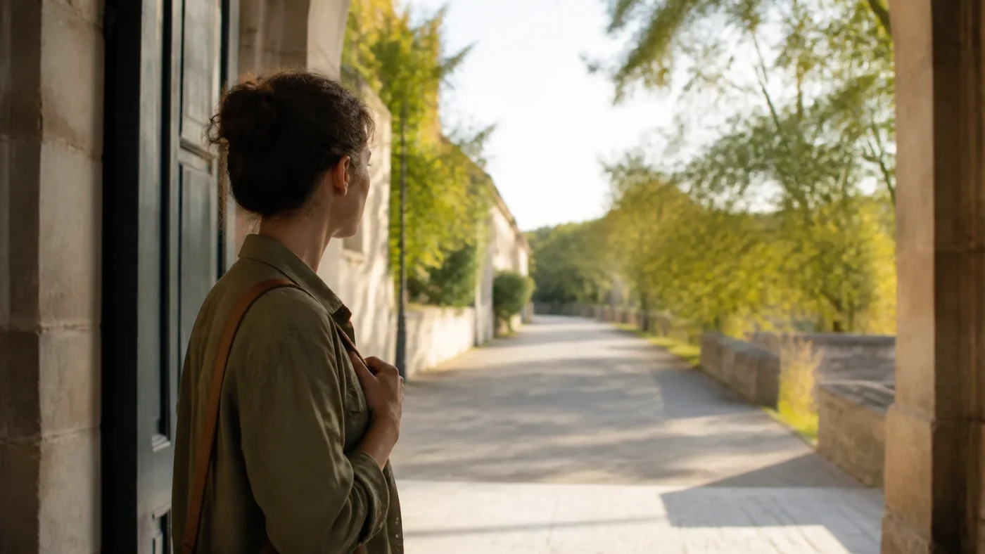 Woman at the entrance to a building, hesitantly looking at the path ahead