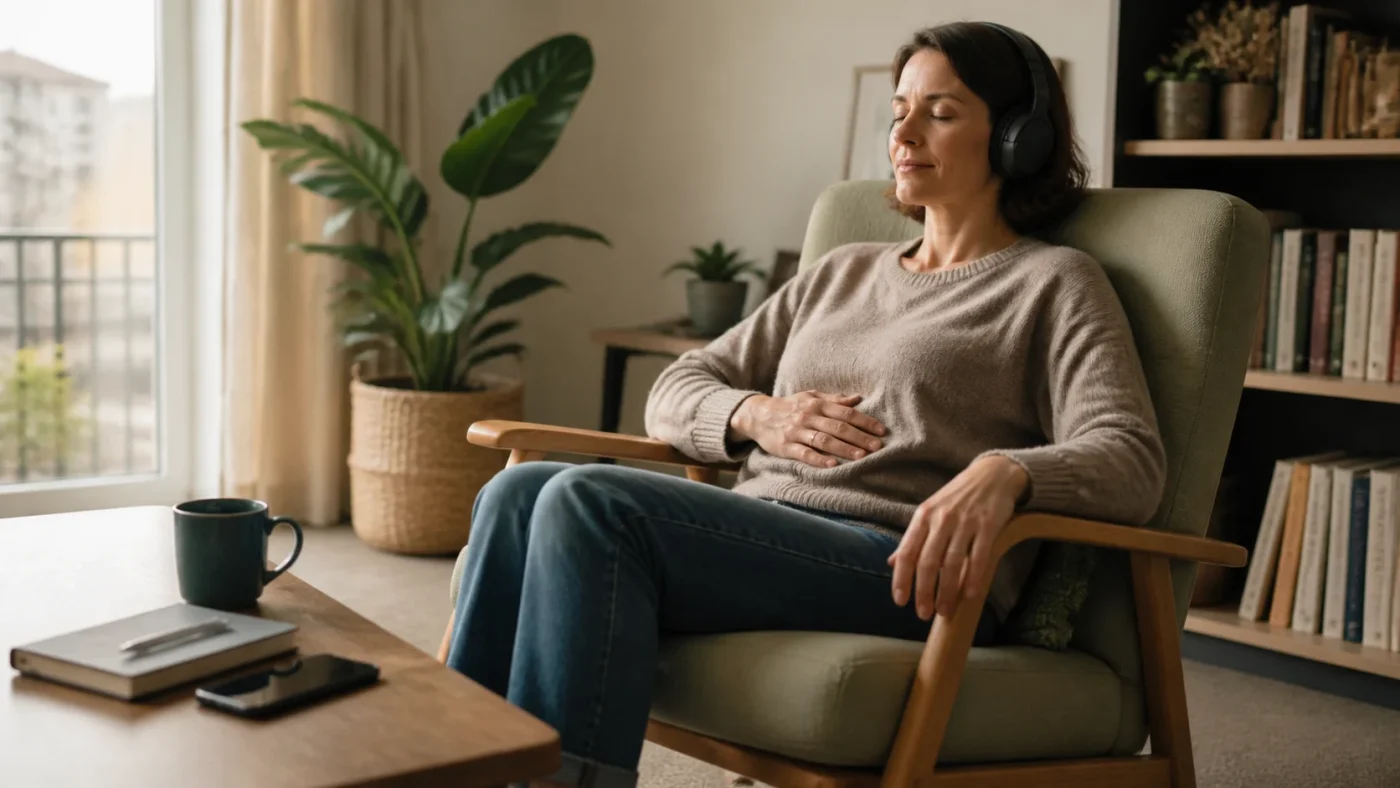 Woman sitting with her eyes closed, one hand on her abdomen, and headphones on in a quiet interior