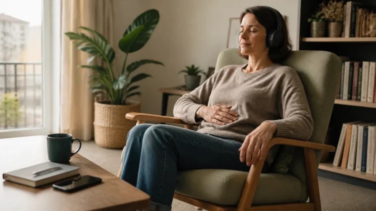 Woman sitting with her eyes closed, one hand on her abdomen, and headphones on in a quiet interior