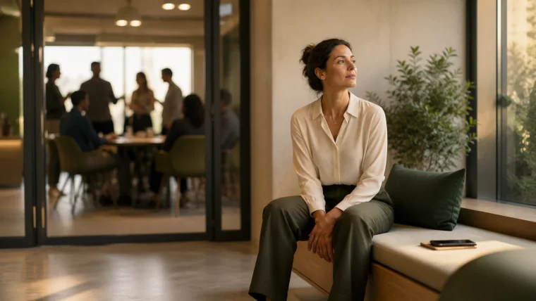 Woman sitting near a window as a group of people gathers in a glass-walled room
