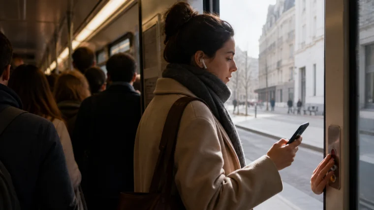 Woman on a crowded bus checking her phone near the door