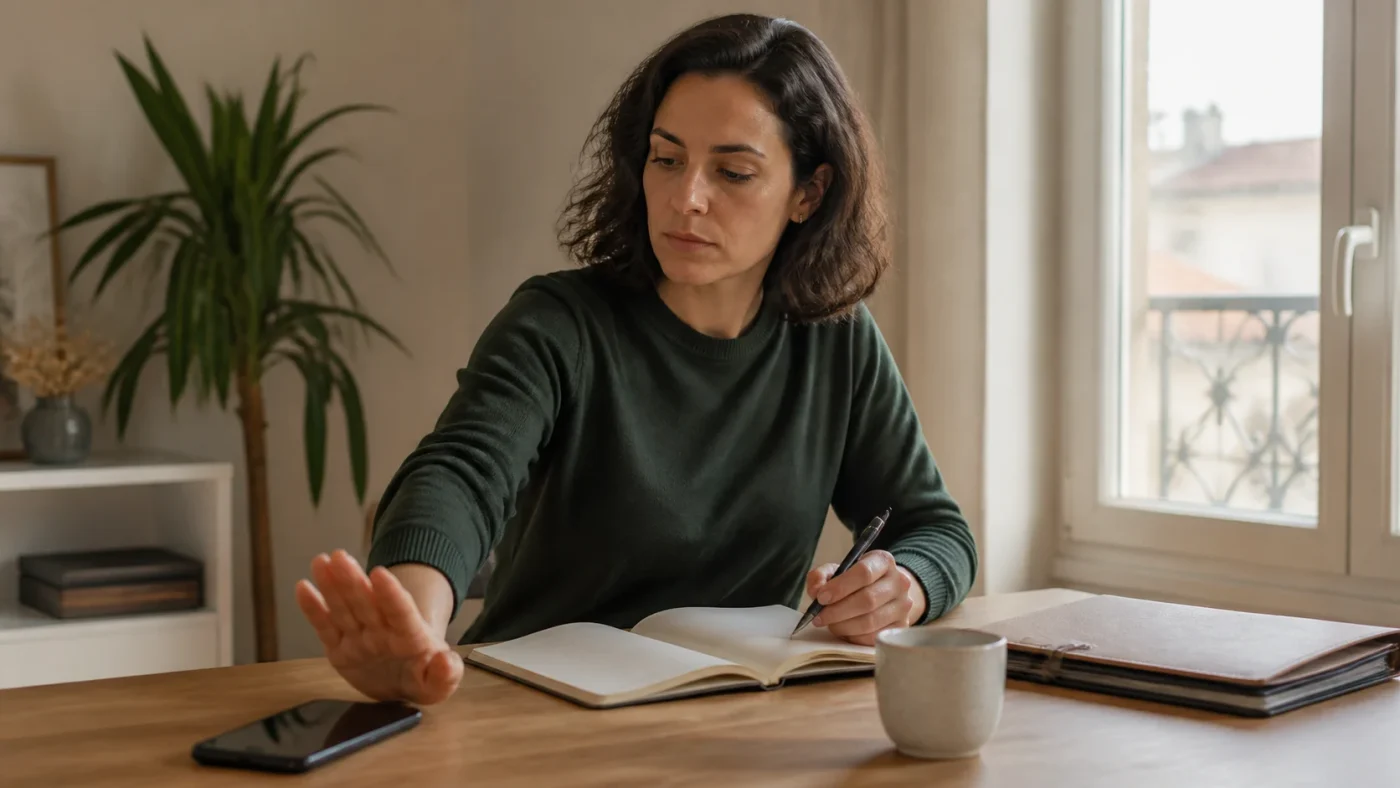 Woman writing in a notebook while moving her hand away from a phone on the table