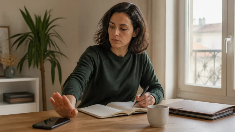Woman writing in a notebook while moving her hand away from a phone on the table