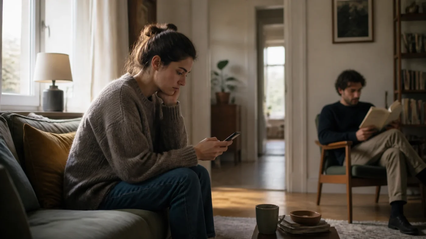 Woman preoccupied with her phone while a man reads in the same room