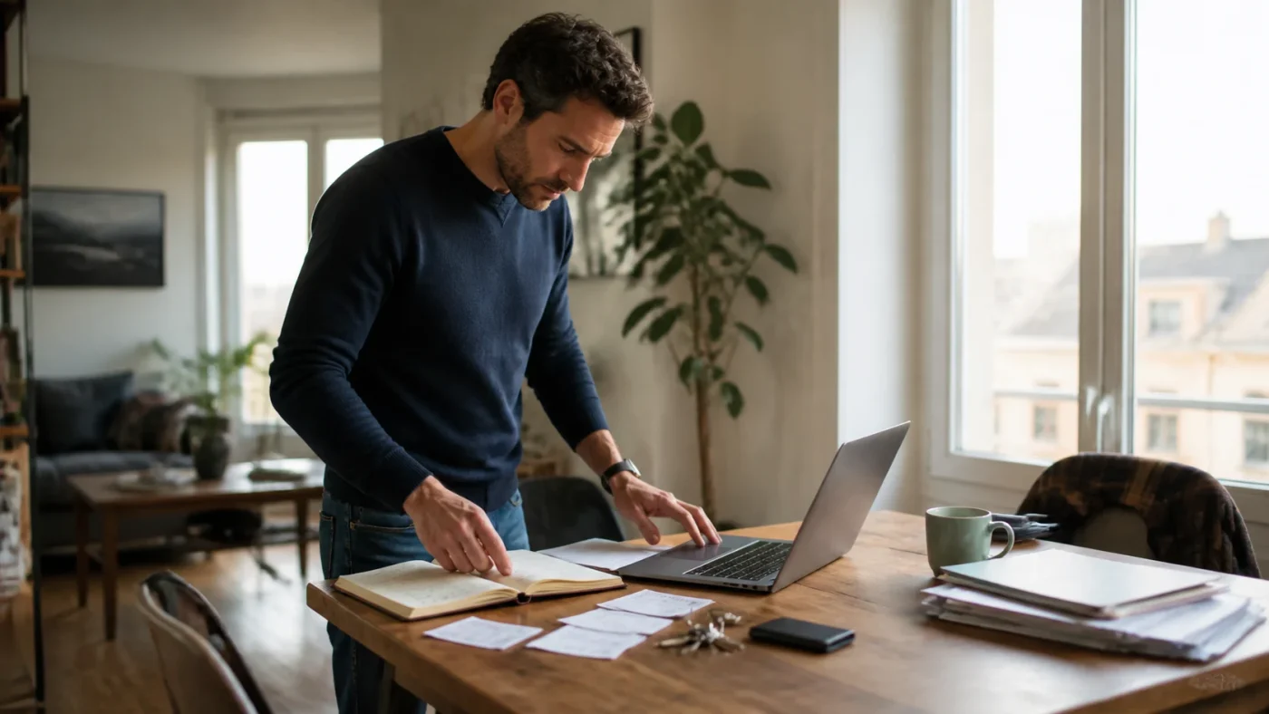 Man reviewing notes and documents in front of a laptop