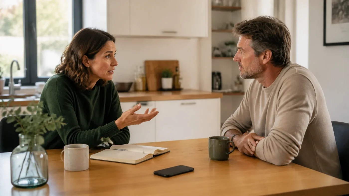 A couple talks at a table, with the woman speaking while the man listens.