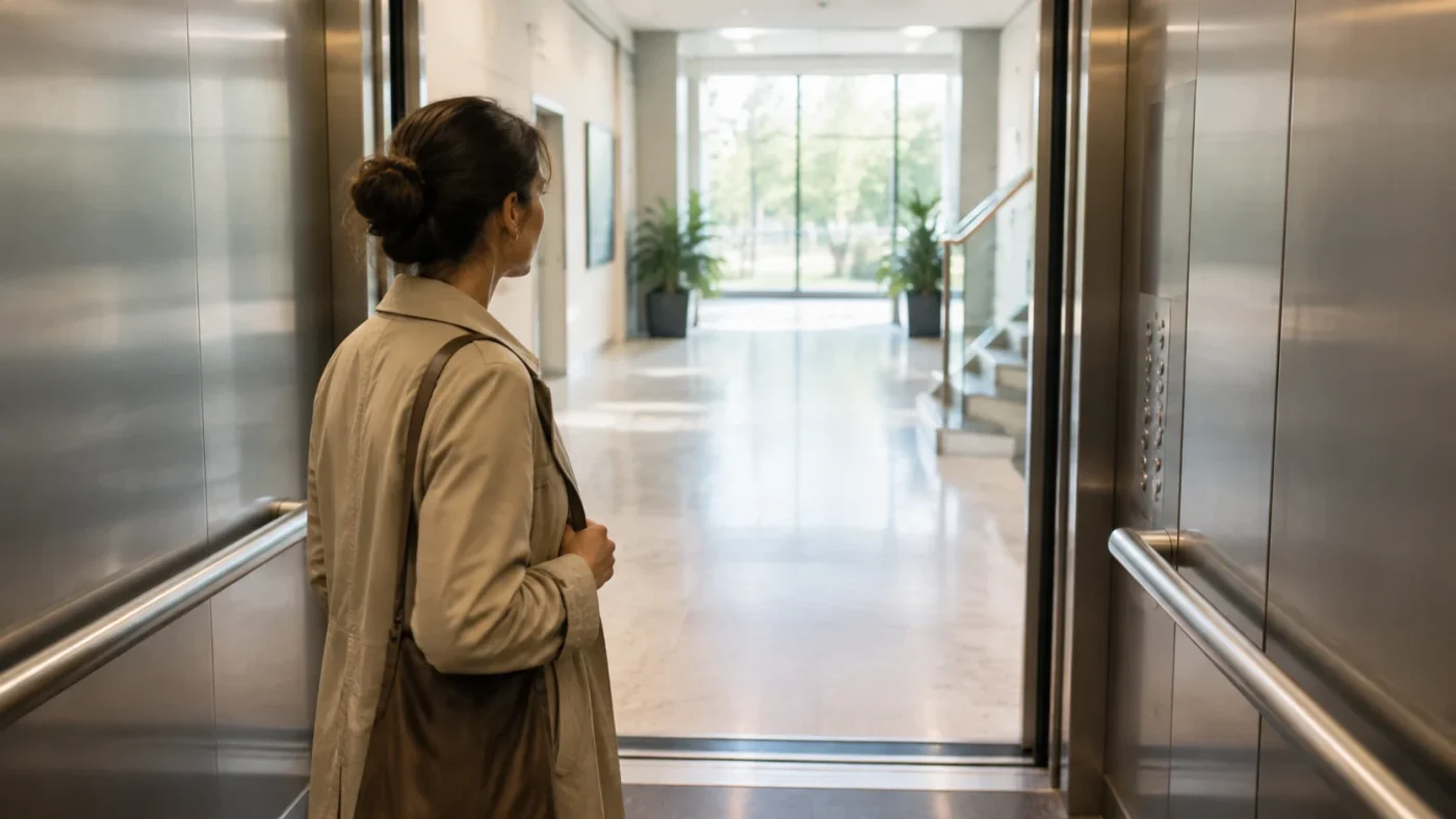 Woman in an open elevator looking toward the lobby