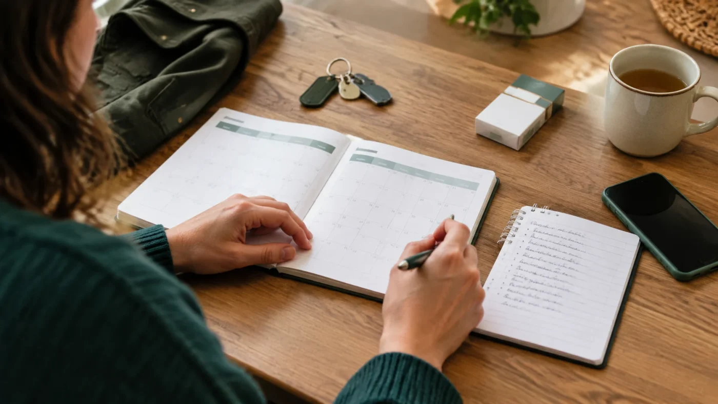 Person planning to quit smoking using a calendar and notebook