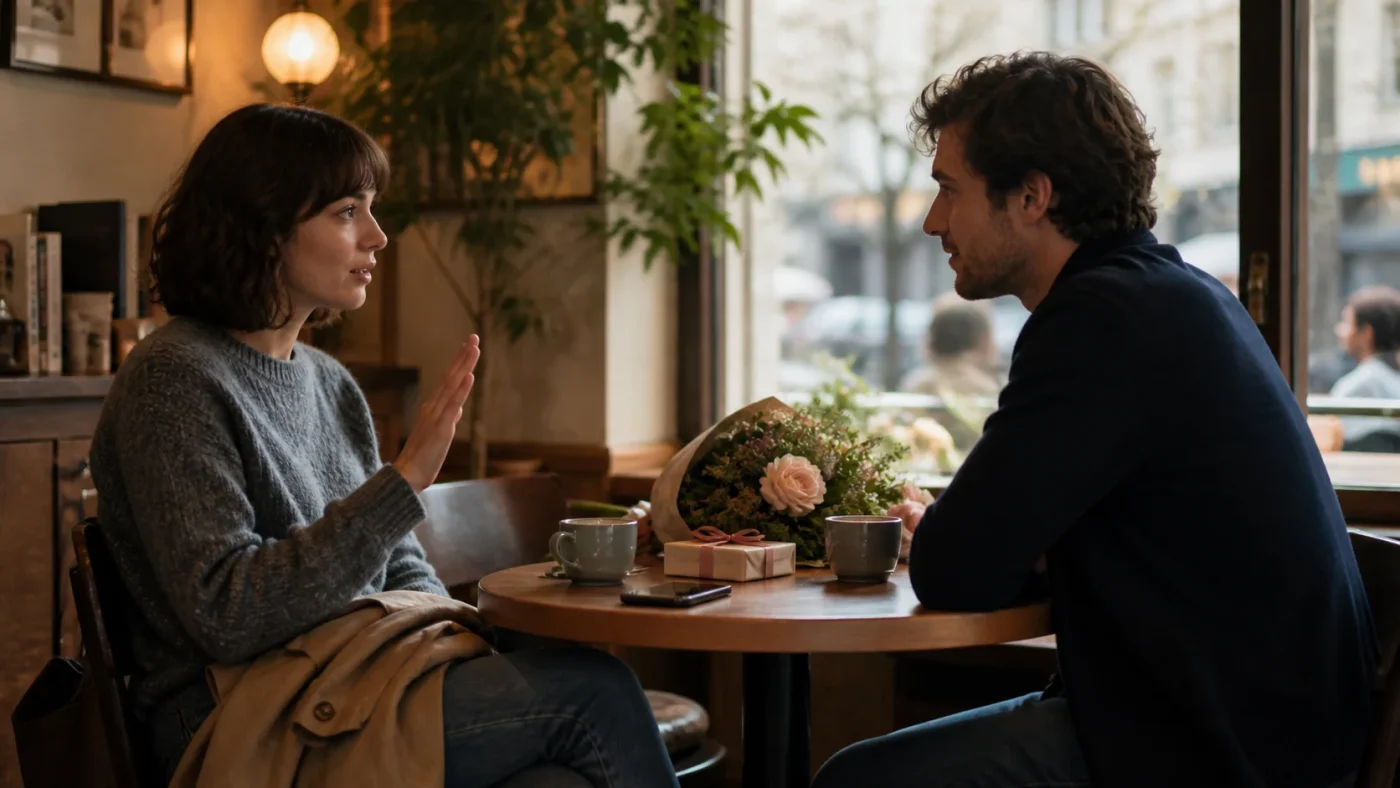 A couple talks in a café, with the woman raising her hand to set a boundary.