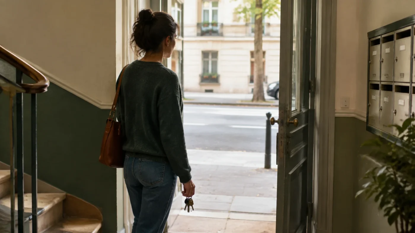 A person about to leave a building, holding a set of keys